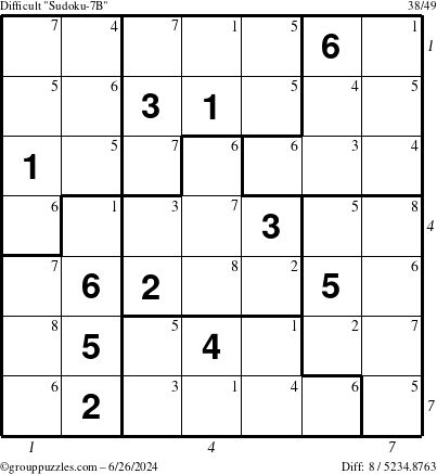 The grouppuzzles.com Difficult Sudoku-7B puzzle for Wednesday June 26, 2024 with all 8 steps marked