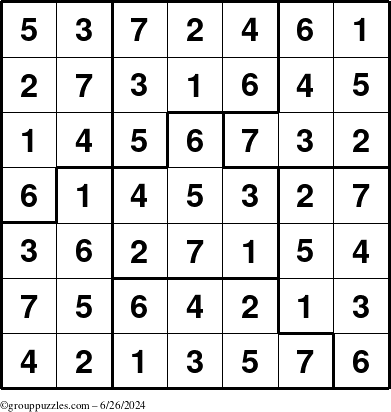 The grouppuzzles.com Answer grid for the Sudoku-7B puzzle for Wednesday June 26, 2024