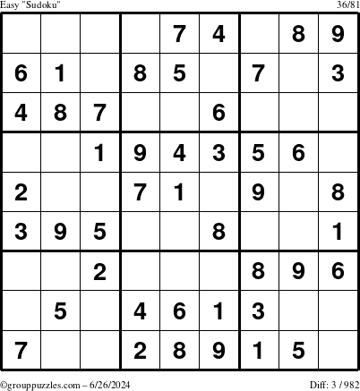 The grouppuzzles.com Easy Sudoku puzzle for Wednesday June 26, 2024