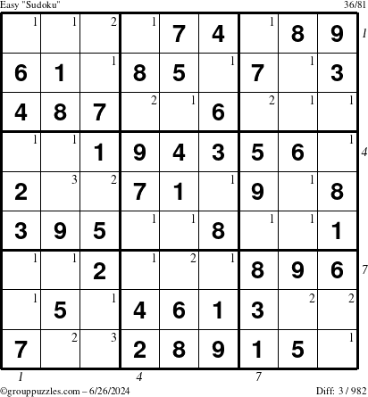 The grouppuzzles.com Easy Sudoku puzzle for Wednesday June 26, 2024 with all 3 steps marked