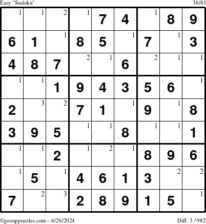 The grouppuzzles.com Easy Sudoku puzzle for Wednesday June 26, 2024 with the first 3 steps marked