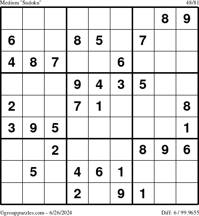 The grouppuzzles.com Medium Sudoku puzzle for Wednesday June 26, 2024