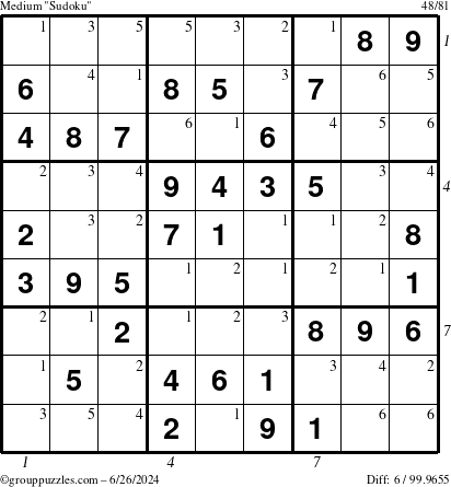 The grouppuzzles.com Medium Sudoku puzzle for Wednesday June 26, 2024 with all 6 steps marked