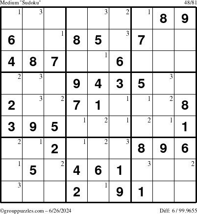 The grouppuzzles.com Medium Sudoku puzzle for Wednesday June 26, 2024 with the first 3 steps marked