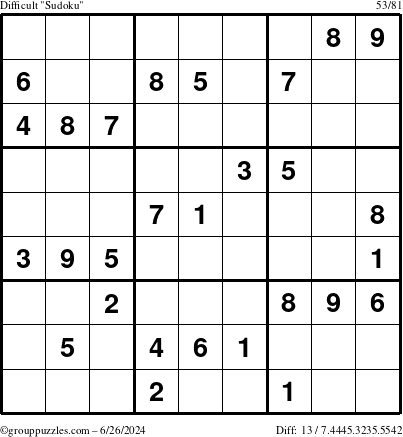 The grouppuzzles.com Difficult Sudoku puzzle for Wednesday June 26, 2024