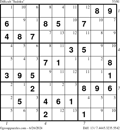 The grouppuzzles.com Difficult Sudoku puzzle for Wednesday June 26, 2024 with all 13 steps marked