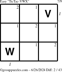 The grouppuzzles.com Easy TicTac-VWX puzzle for Wednesday June 26, 2024 with all 2 steps marked