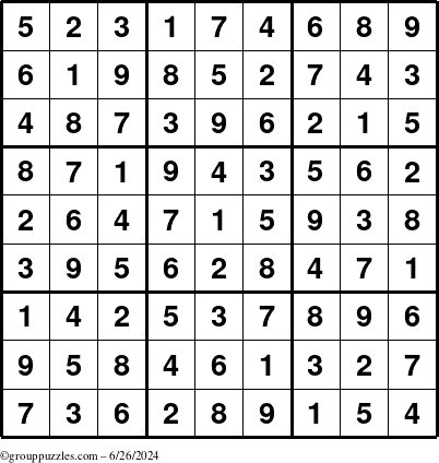 The grouppuzzles.com Answer grid for the Sudoku puzzle for Wednesday June 26, 2024