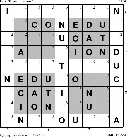 The grouppuzzles.com Easy HyperEducation-i23 puzzle for Wednesday June 26, 2024, suitable for printing, with all 4 steps marked