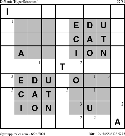 The grouppuzzles.com Difficult HyperEducation-i23 puzzle for Wednesday June 26, 2024 with the first 3 steps marked