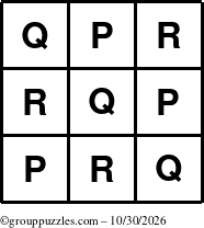 The grouppuzzles.com Answer grid for the TicTac-PQR puzzle for Friday October 30, 2026