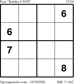 The grouppuzzles.com Easy Sudoku-4-5678 puzzle for Friday October 30, 2026