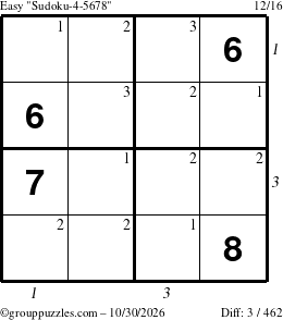 The grouppuzzles.com Easy Sudoku-4-5678 puzzle for Friday October 30, 2026, suitable for printing, with all 3 steps marked