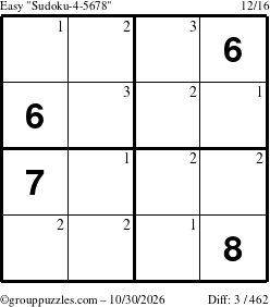 The grouppuzzles.com Easy Sudoku-4-5678 puzzle for Friday October 30, 2026 with the first 3 steps marked