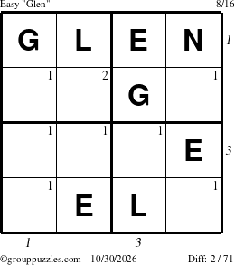 The grouppuzzles.com Easy Glen puzzle for Friday October 30, 2026 with all 2 steps marked
