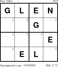 The grouppuzzles.com Easy Glen puzzle for Friday October 30, 2026 with the first 2 steps marked