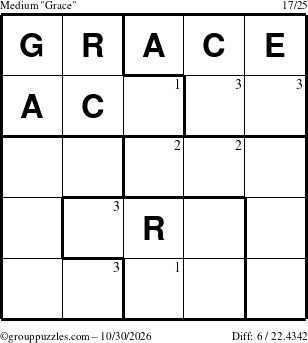 The grouppuzzles.com Medium Grace puzzle for Friday October 30, 2026 with the first 3 steps marked
