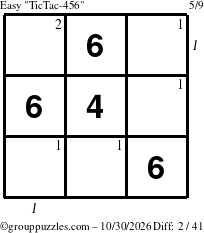 The grouppuzzles.com Easy TicTac-456 puzzle for Friday October 30, 2026, suitable for printing, with all 2 steps marked