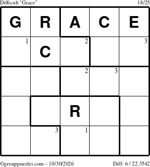 The grouppuzzles.com Difficult Grace puzzle for Friday October 30, 2026 with the first 3 steps marked