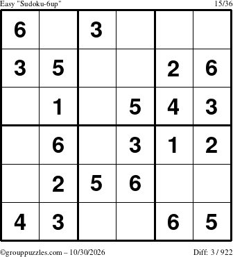 The grouppuzzles.com Easy Sudoku-6up puzzle for Friday October 30, 2026