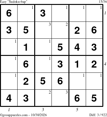 The grouppuzzles.com Easy Sudoku-6up puzzle for Friday October 30, 2026 with all 3 steps marked
