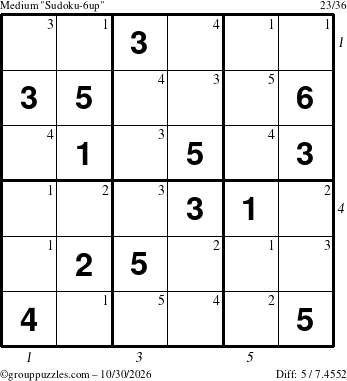 The grouppuzzles.com Medium Sudoku-6up puzzle for Friday October 30, 2026 with all 5 steps marked