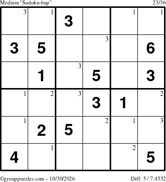 The grouppuzzles.com Medium Sudoku-6up puzzle for Friday October 30, 2026 with the first 3 steps marked