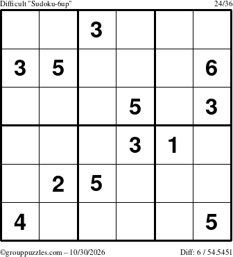 The grouppuzzles.com Difficult Sudoku-6up puzzle for Friday October 30, 2026