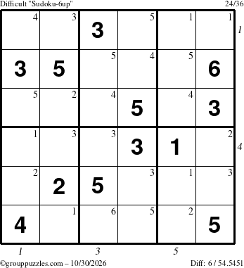 The grouppuzzles.com Difficult Sudoku-6up puzzle for Friday October 30, 2026 with all 6 steps marked