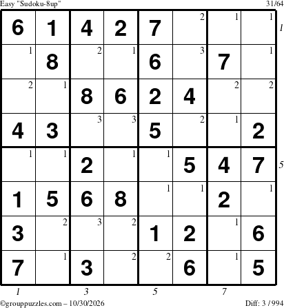 The grouppuzzles.com Easy Sudoku-8up puzzle for Friday October 30, 2026, suitable for printing, with all 3 steps marked