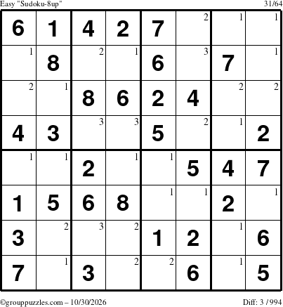 The grouppuzzles.com Easy Sudoku-8up puzzle for Friday October 30, 2026 with the first 3 steps marked
