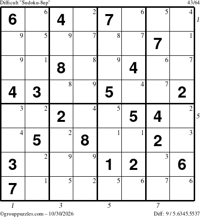 The grouppuzzles.com Difficult Sudoku-8up puzzle for Friday October 30, 2026, suitable for printing, with all 9 steps marked