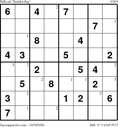 The grouppuzzles.com Difficult Sudoku-8up puzzle for Friday October 30, 2026 with the first 3 steps marked