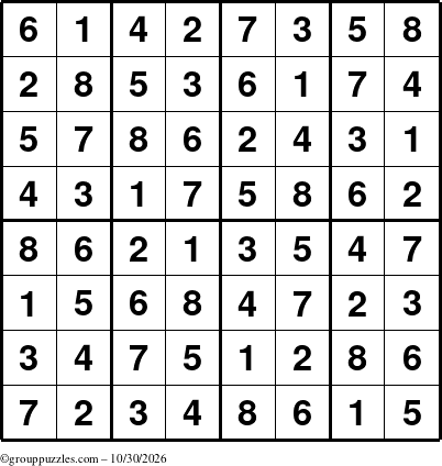 The grouppuzzles.com Answer grid for the Sudoku-8up puzzle for Friday October 30, 2026