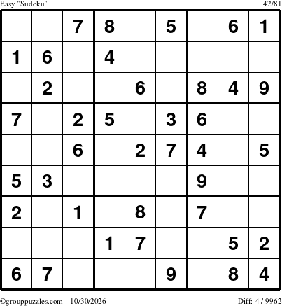 The grouppuzzles.com Easy Sudoku puzzle for Friday October 30, 2026
