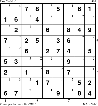 The grouppuzzles.com Easy Sudoku puzzle for Friday October 30, 2026 with all 4 steps marked
