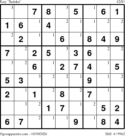 The grouppuzzles.com Easy Sudoku puzzle for Friday October 30, 2026 with the first 3 steps marked