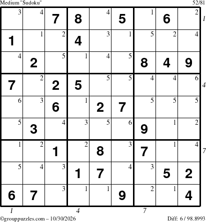 The grouppuzzles.com Medium Sudoku puzzle for Friday October 30, 2026 with all 6 steps marked