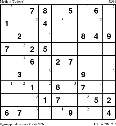 The grouppuzzles.com Medium Sudoku puzzle for Friday October 30, 2026 with the first 3 steps marked