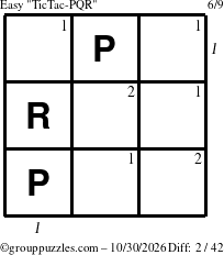 The grouppuzzles.com Easy TicTac-PQR puzzle for Friday October 30, 2026 with all 2 steps marked