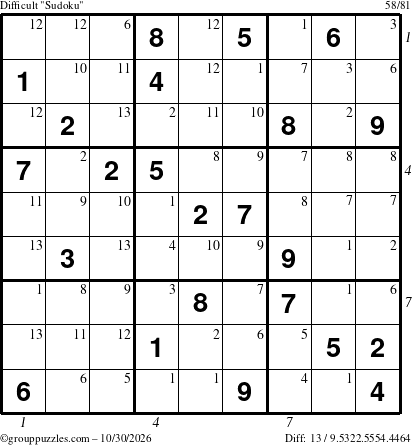 The grouppuzzles.com Difficult Sudoku puzzle for Friday October 30, 2026, suitable for printing, with all 13 steps marked