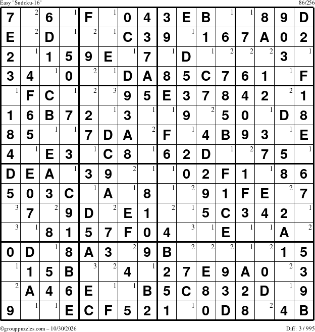 The grouppuzzles.com Easy Sudoku-16 puzzle for Friday October 30, 2026 with the first 3 steps marked
