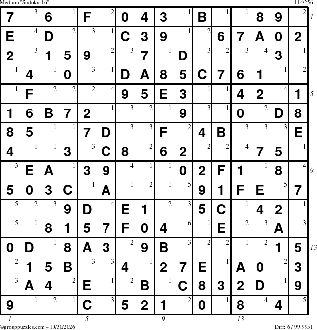 The grouppuzzles.com Medium Sudoku-16 puzzle for Friday October 30, 2026, suitable for printing, with all 6 steps marked