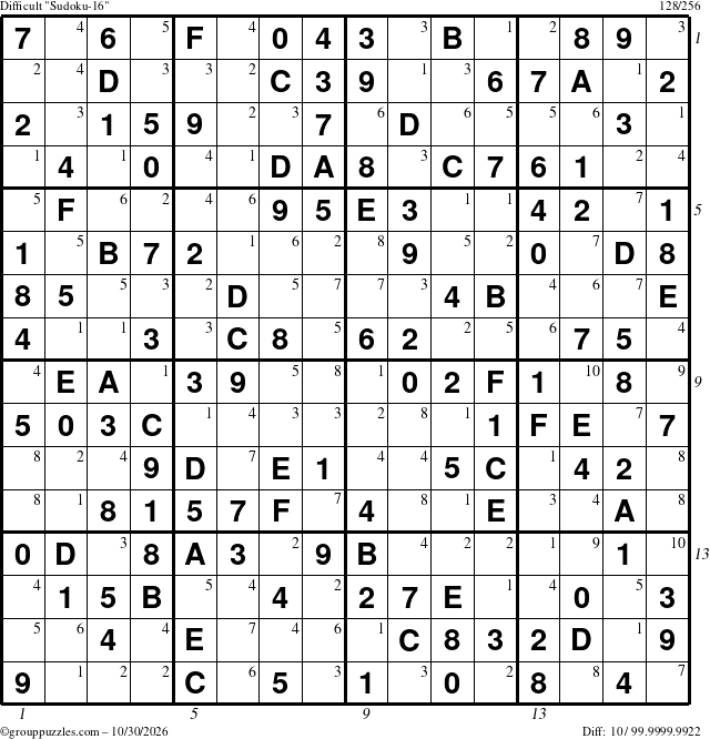 The grouppuzzles.com Difficult Sudoku-16 puzzle for Friday October 30, 2026, suitable for printing, with all 10 steps marked
