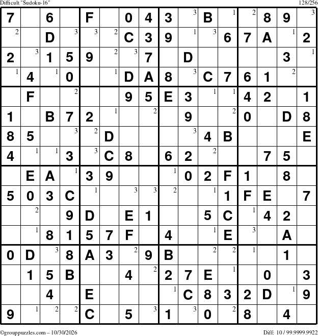 The grouppuzzles.com Difficult Sudoku-16 puzzle for Friday October 30, 2026 with the first 3 steps marked