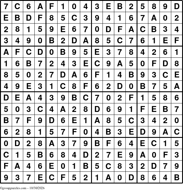The grouppuzzles.com Answer grid for the Sudoku-16 puzzle for Friday October 30, 2026