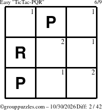 The grouppuzzles.com Easy TicTac-PQR puzzle for Friday October 30, 2026 with the first 2 steps marked