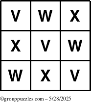 The grouppuzzles.com Answer grid for the TicTac-VWX puzzle for Wednesday May 28, 2025