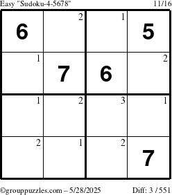The grouppuzzles.com Easy Sudoku-4-5678 puzzle for Wednesday May 28, 2025 with the first 3 steps marked