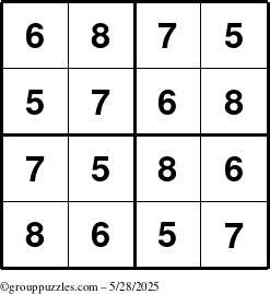 The grouppuzzles.com Answer grid for the Sudoku-4-5678 puzzle for Wednesday May 28, 2025